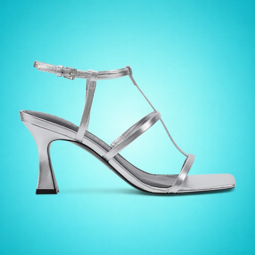 New Women's MARC FISHER  Silver Dennie Square Toe Strappy Heel Sandals, Size 7.5